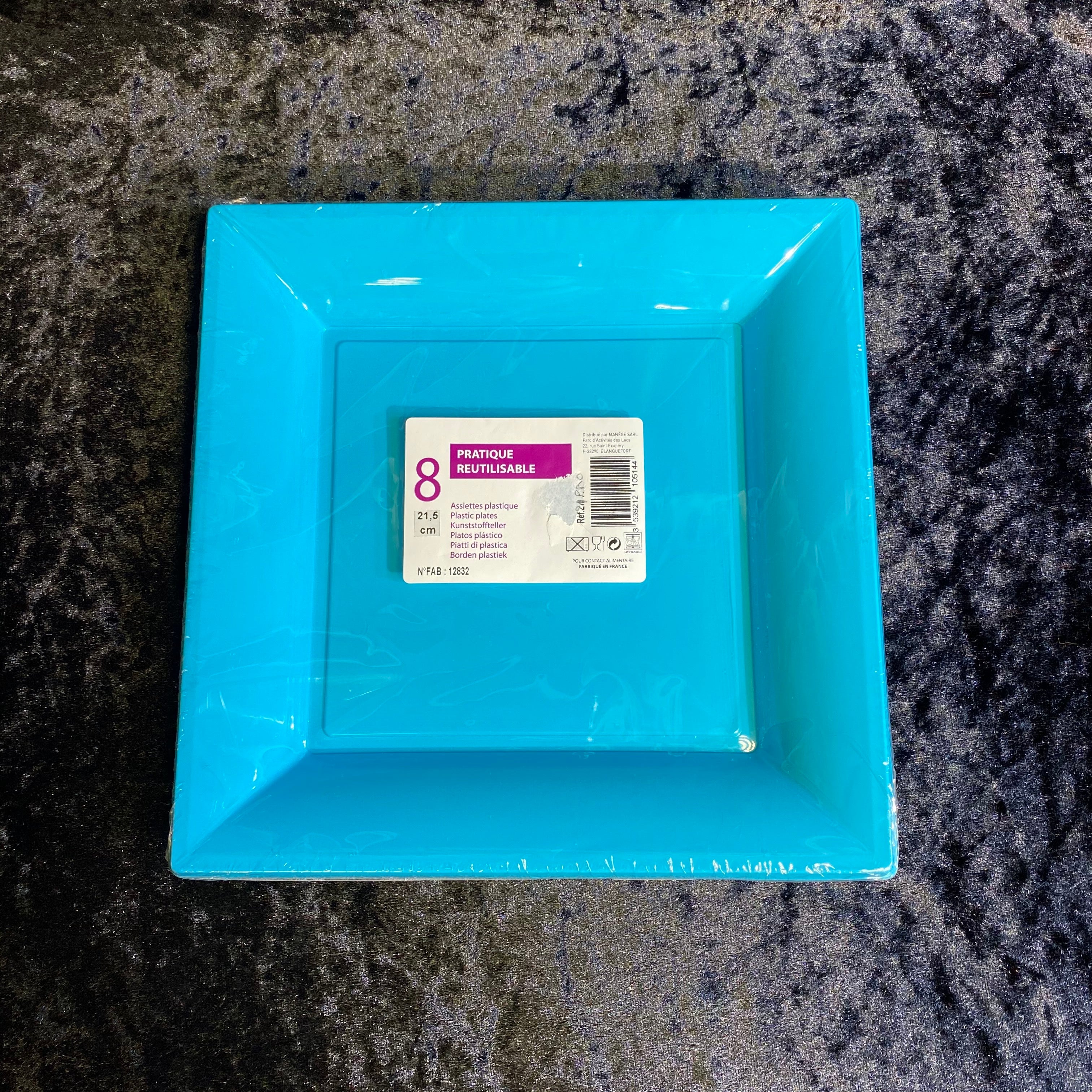 8 square plates, 21.5cm, turquoise plastic