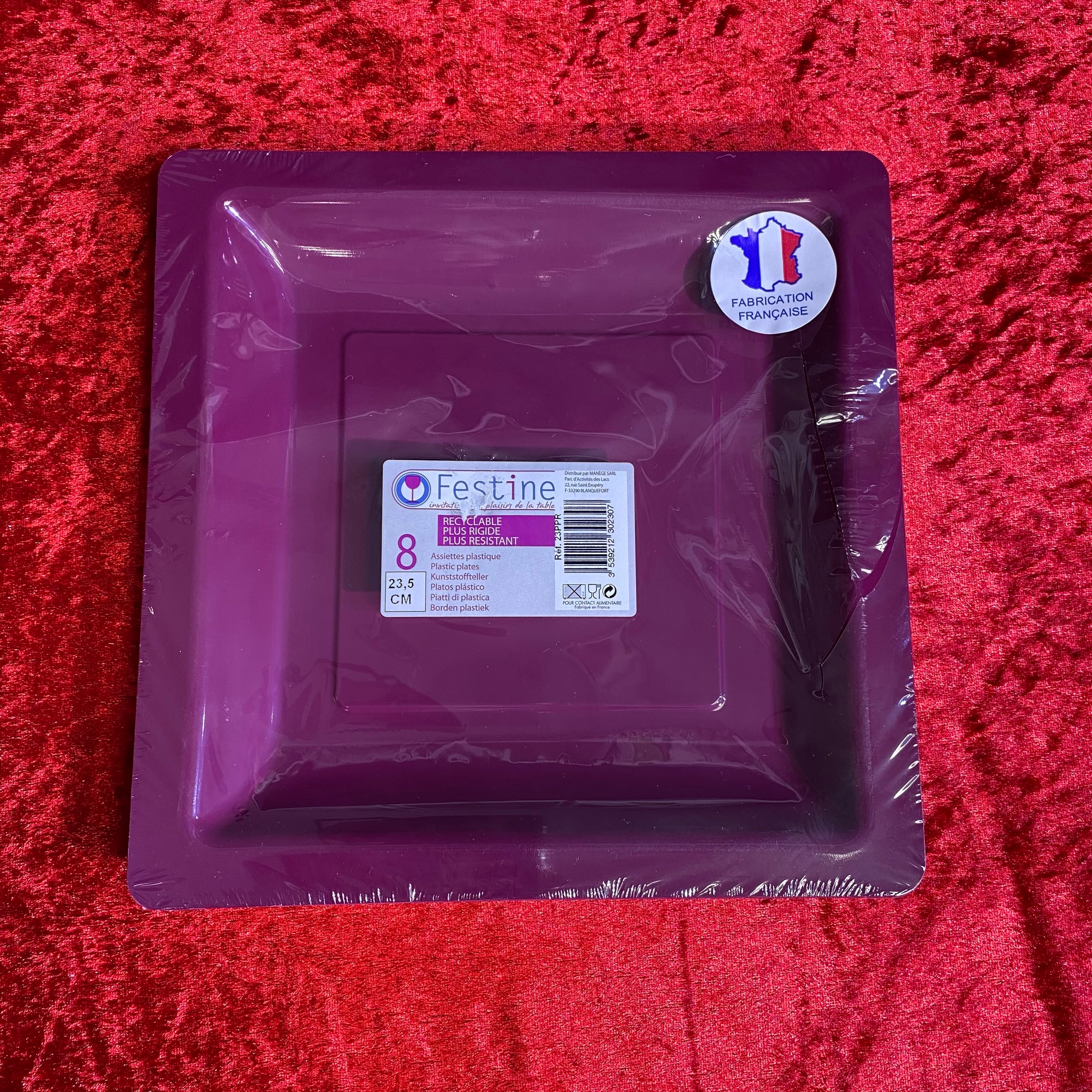 8 square plastic plates, 23.5cm, plum color