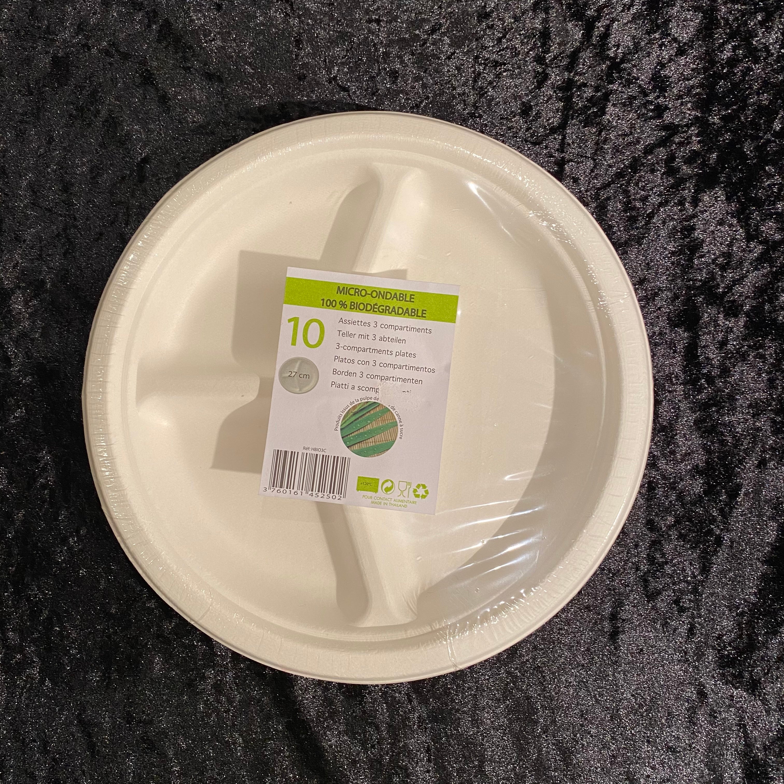 10 assiettes rondes 26cm 3 compartiments Biodégradable